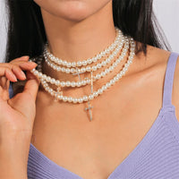 Aihua Korean Elegant Imitation Pearl Cross Pendant Necklace For Women Collars Pearls Necklace Choker Wedding Party Jewelry Gifts