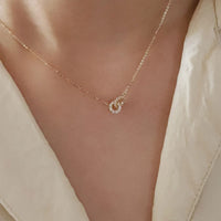 925 Sterling Silver Interlocking Diamond Necklace Light Luxury Double Ring Zircon Pendant Collarbone Chain Simple Jewelry