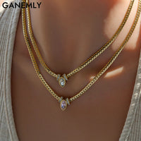 GANEMLY 316L Stainless Steel Sparkling Zirconia Necklace For Women High Quality Trendy Neck Chain Collar Waterproof Jewelry