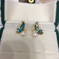 ZHBORUINI 2024 New Natural Freshwater Pearl Earrings Female Colorful Abalone Shell Butterfly 14K Gold-Plated S925 Silver Needle