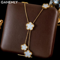 GANEMLY 316L Stainless Steel Five Leaf Clover Pendant Necklace For Women Trendy Reversible White Flower Jewelry Holiday Gifts