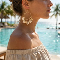 Boho Festival Statement Earrings for Women Gold Color Hoop Shell Chandelier Tassel Dangle Y2K Gypsy Beach Party Rave Jewelry