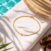 Waterproof Snake Chain Minimalist Bead Anklet, Tarnish Free 18K Gold Plated Stainless Steel Double Layered Foot Jewelry