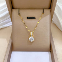 Classic Fashion Gold Color Stainless Steel Round Rhinestone Pendant Necklace for Women Luxury Wedding Bride Collar Jewelry Gift