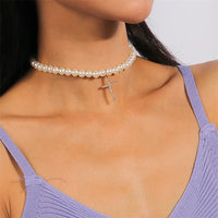 Aihua Korean Elegant Imitation Pearl Cross Pendant Necklace For Women Collars Pearls Necklace Choker Wedding Party Jewelry Gifts