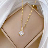 Classic Fashion Gold Color Stainless Steel Round Rhinestone Pendant Necklace for Women Luxury Wedding Bride Collar Jewelry Gift