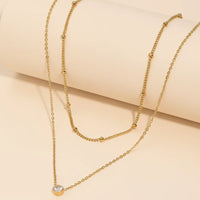 Stainless Steel Zirconia-Inlaid Pendant Double-Layer Necklace Ladies' Refined Luxury Elegant Layered Beaded Necklace Jewellery