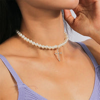 Aihua Korean Elegant Imitation Pearl Cross Pendant Necklace For Women Collars Pearls Necklace Choker Wedding Party Jewelry Gifts