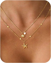 Women Shell Necklace 14k Gold Plated Stainless Steel Layered Starfish Conch SeaShell Pearl Charm Necklace Summer Beach Jewelry