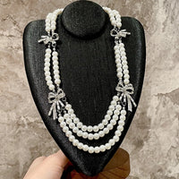 French multi-layer pearl and diamond bow necklace multi-layer clavicle chain