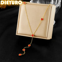 DIEYURO 316L Stainless Steel Colorful Heart-shaped Zircon Long Fringe Chain Necklace For Women Fashion Neck Jewelry Gift Joyas