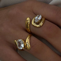 Stainless Steel Water Drop Shaped Large Zircon Rings 18K Gold Plated Opening Ring Women Waterproof Statement Jewelry